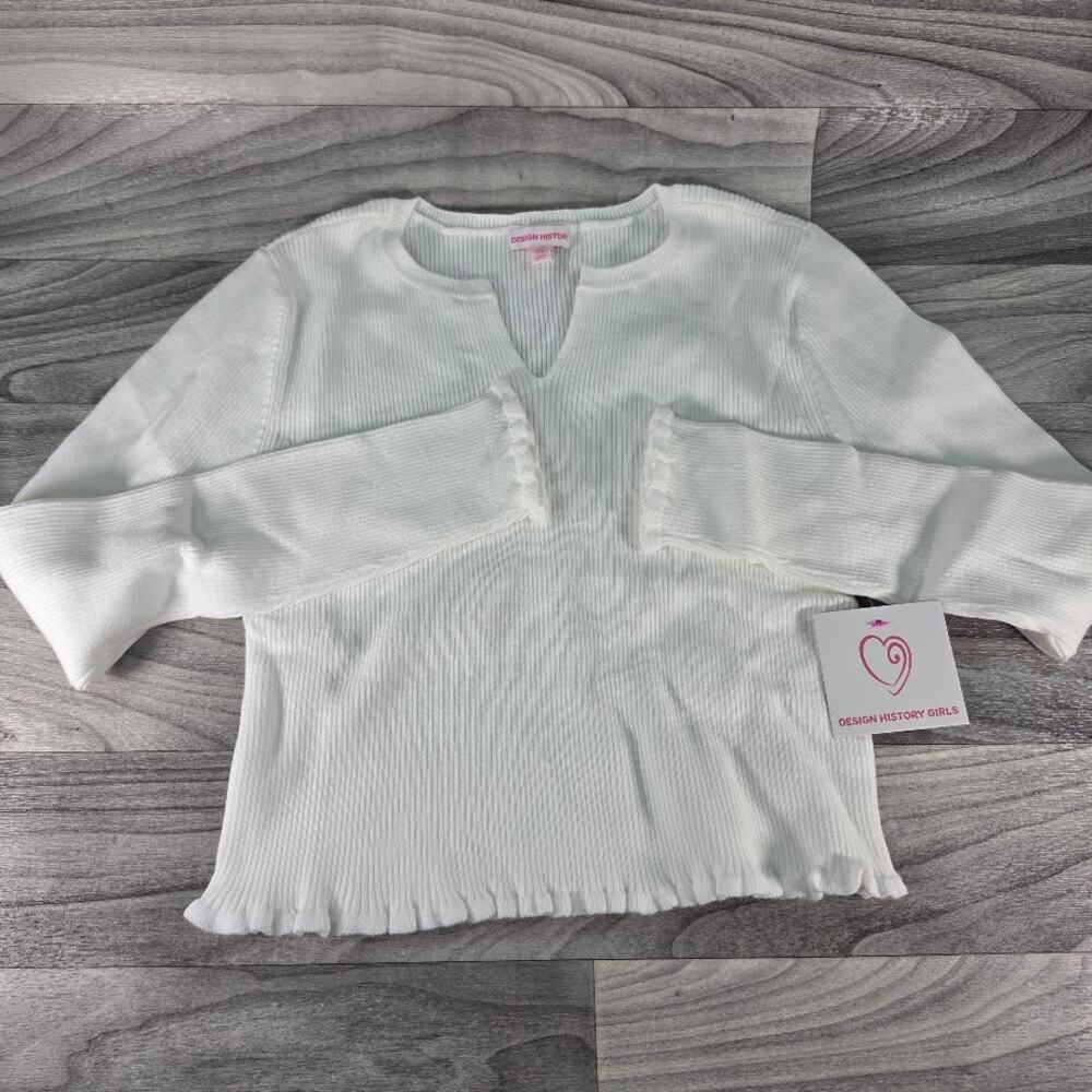NWT Design History Girls White Ribbed Notch Neck Ruffle Trim Sweater Top XL (14)